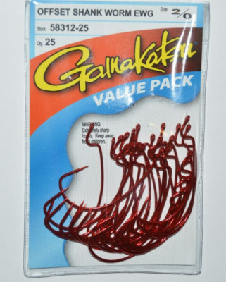 gamakatsu 2/0 offset ewg shank worm tube senko hooks value pack 58312-25 red