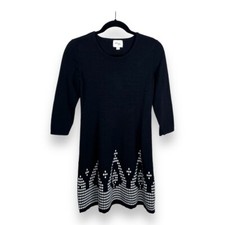 MEDIUM ECI BRAND SWEATER DRESS BLACK WHITE KNIT PULLOVER STRETCH 3/4 SLEEVE