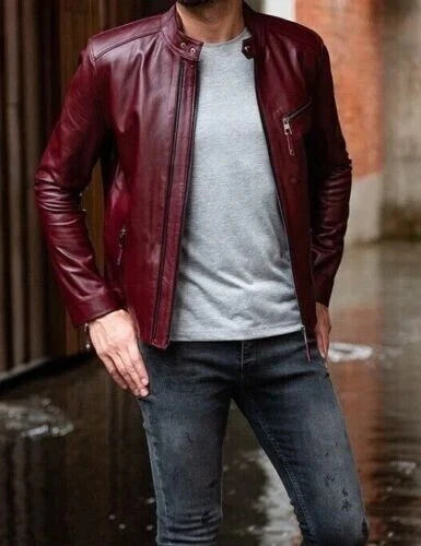 Mens Café Racer Men Leather Jacket Maroon Biker Genuine Lambskin Jacket All Size