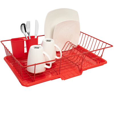 Sweet Home Collection 3-Piece Kitchen Sink Dish Drainer Set- Red - Main Image