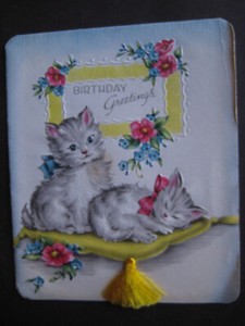 1940s vintage greeting card BIRTHDAY Kittens On Yellow Pillow w/ Real Tassel