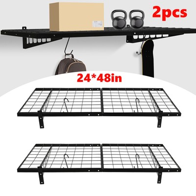 Floating Wall Shelf Garage Storage Rack 2-Pack Wall Mounted Tool Racks w/ Hooks