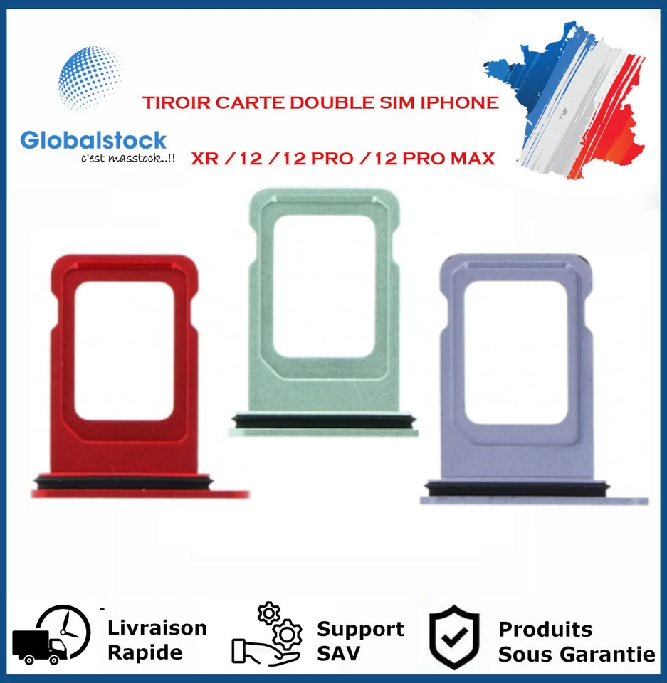 GLOBALSTOCK TIROIR CARTE DOUBLE et SIMPLE SIM IPHONE XS/XR/11/12/14 PRO PLUS PRO MAX