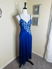 Vintage 1980s Royal Blue Lace and Nylon Long Slip Dress - M