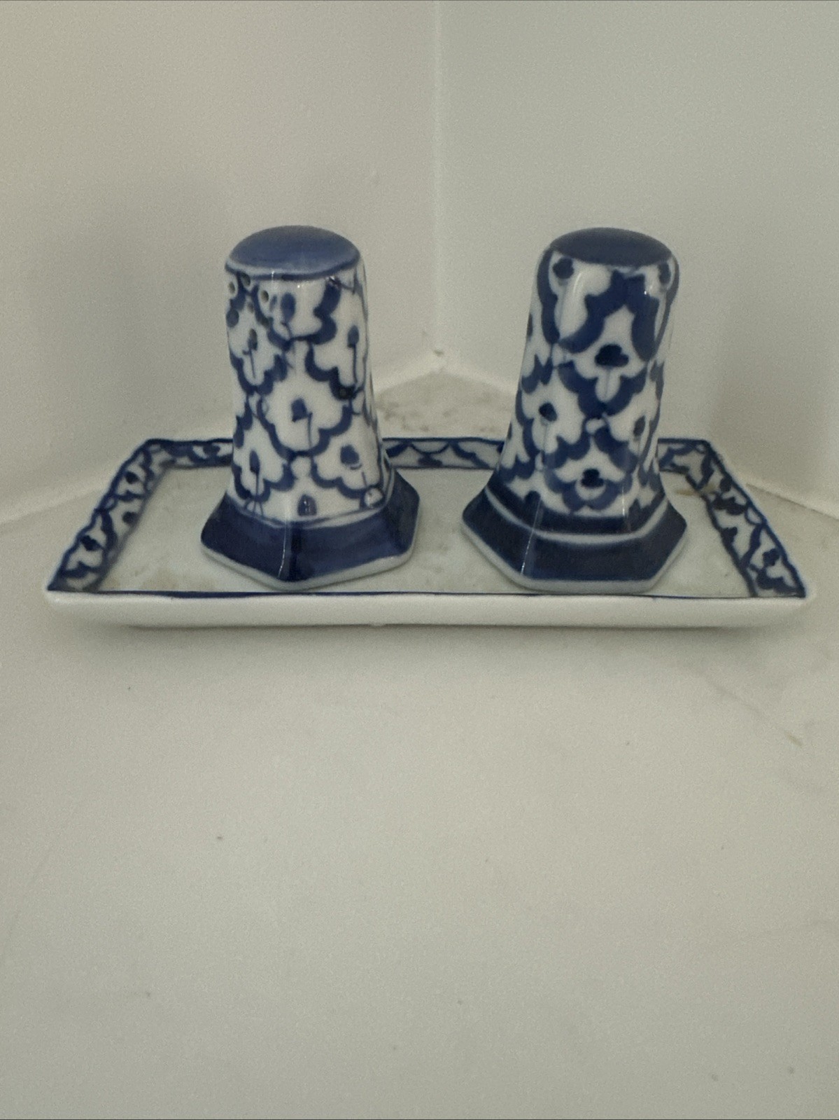Vintage Thai 3 Piece Blue And White Floral Ceramic Salt And Pepper Set