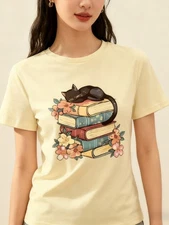Vintage Floral Book Cat T-Shirt for Women Tee Soft Casual Bookworm Shirt Top