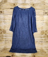 Talbots Denim Dress Womens Sz 4 Petite Dark Blue Square Neck Button Sleeve Shift