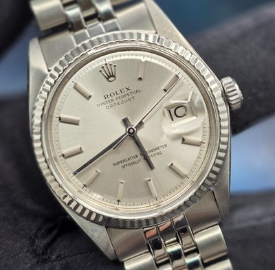 Rolex Datejust 1601 36mm Fluted 18k Bezel Silver Dial Jubilee Band