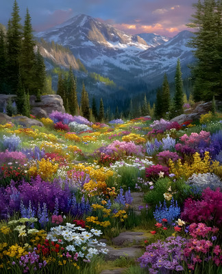 8x10 Cozy Storybook Mountain Scene with Flowers Art Print Heritage - 631264466