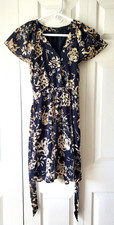 Ann Taylor Factory Petite XS Floral Dress Navy Blue Flutter Sleeve Belted