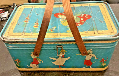 Vintage Mother Goose Tin Picnic Basket Lunch Box 15x10x7 Folk Art