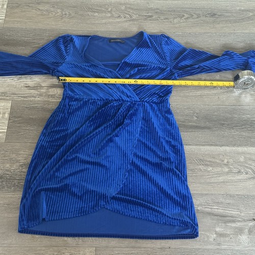 MEROKEETY Royal Blue Ribbed Velvet Faux Wrap Dress XL Long Sleeve Party Holiday - Picture 6 of 7