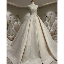 Light Champagne Wedding Dresses with Glitters Luxury A Line Satin Bridal Gowns