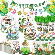 Juego de decoraciones de fiesta de tercer cumpleaños de dinosaurio - 197 piezas, tema T-Rex, vajilla y