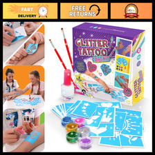 Glitter Tattoo Kit for Kids - 33-Piece Multicolor Set with Stencils, Brushes A