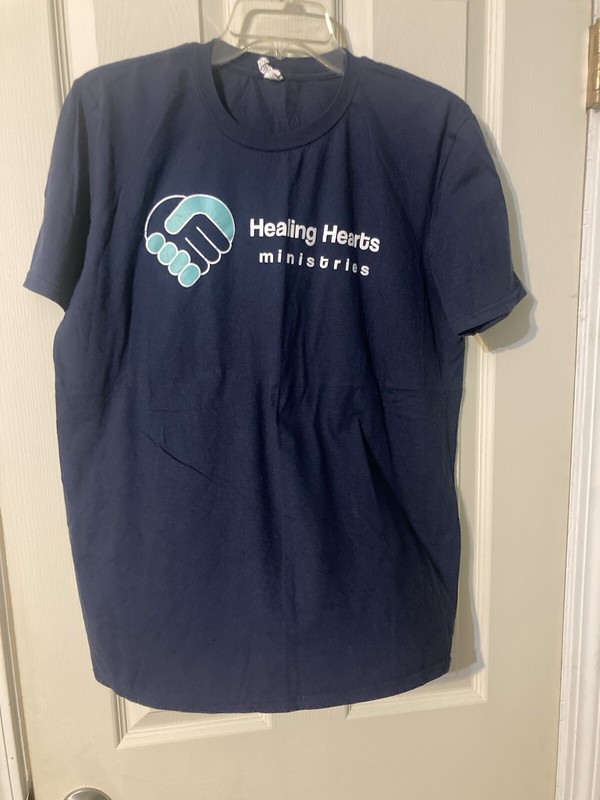 Anvil 100% cotton navy tee shirt size large healing hearts ministries
