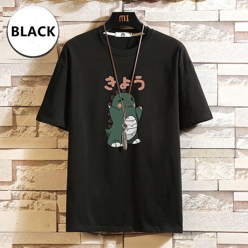 Men Japanese Cartoon Printed T-shirt Small Dinosaur Loose Tee Casual Summer Blue