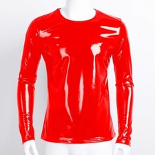 New Men's Faux Patent Leather Shirt Top Slim PVC Shiny Wet Look Long Sleeve T-sh