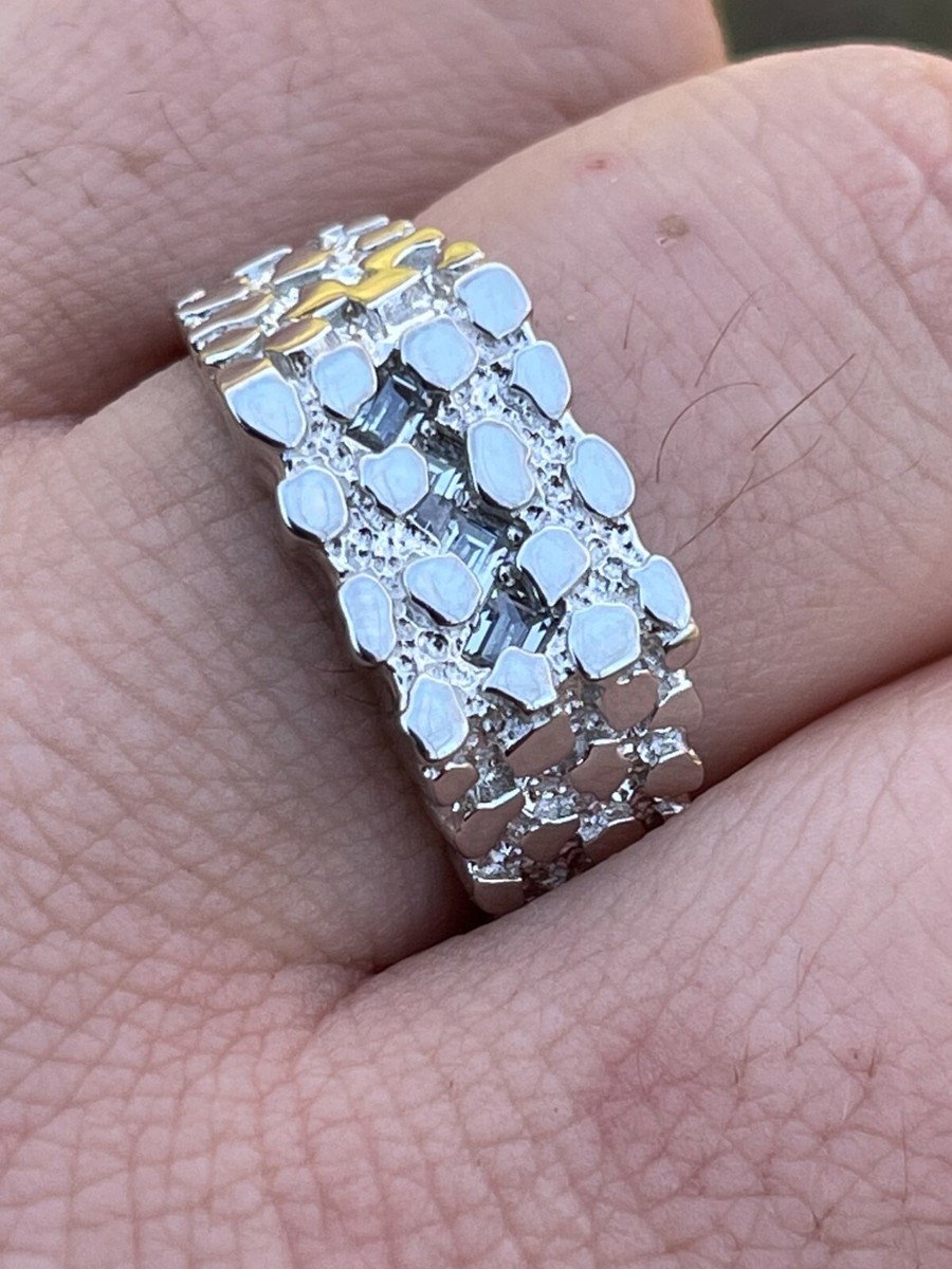 ナゲットリングSilver Mens REAL Solid 925 Sterling Silver Nugget Ring Iced Baguette CZ