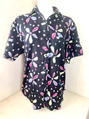 ESPRIT Sport Vtg Top Womens Fits Large Black Abstract Neon Flowers Boxy Shirt
