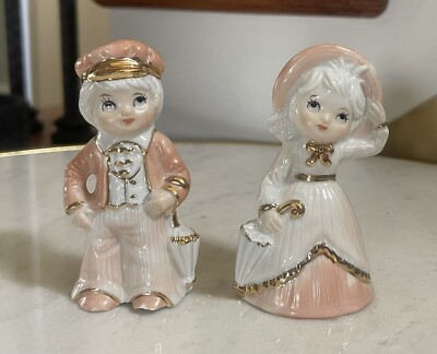 Vintage Peach Elegance Giftcraft Porcelain Girl & Boy Figurines Gold Trim Accent