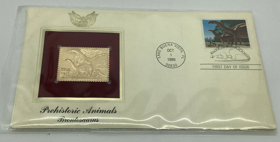 4 Prehistoric Animals 1st day issue 22K Gold Foil Replica FDC Stamp 1989 25 Cent - Image 2 of 4