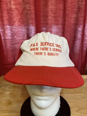 VTG Snapback Hat Red Trucker Mesh Made In USA Logo P & S Service Quality Cap EUC
