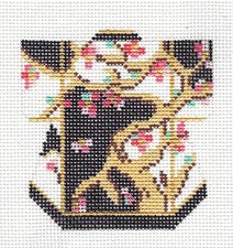 Oriental Cherry Blossoms on Black Petite Kimono HP Needlepoint Canvas by LEE