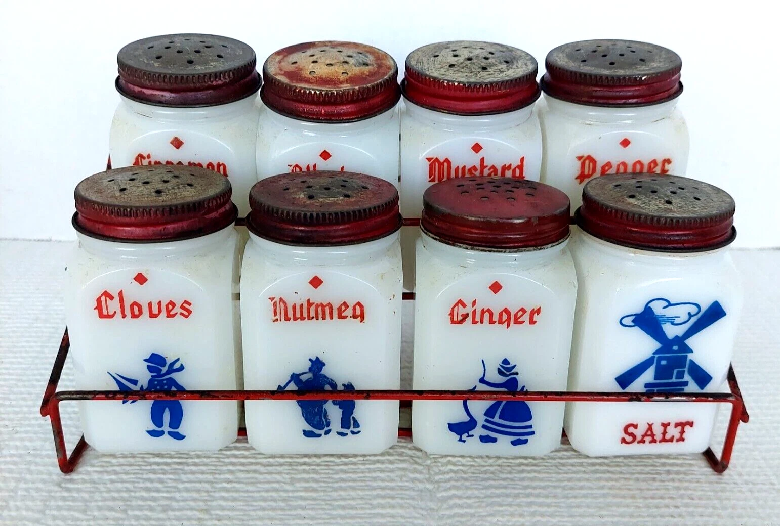 Vintage Spice Jar Set Milk Glass Set Of 8 Dutch Retro 50s Metal Rack Franks Tea