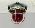 Maritime Antique Ship Original Old Iron & Brass Cage Bulkhead Light - Red Glass