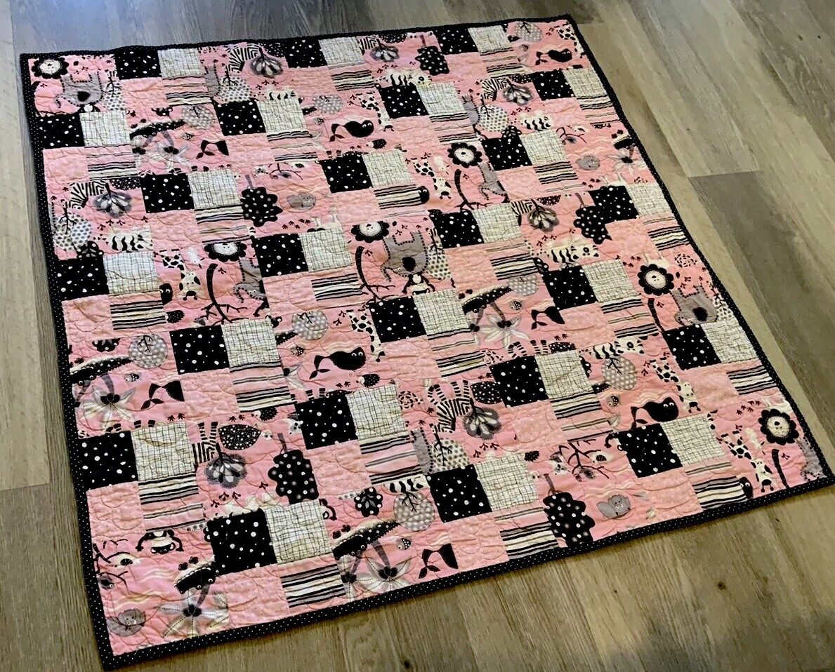 Patchwork Crib Quilt, Four Patch, Pink & Black, Whimsical Animal Print, Dots