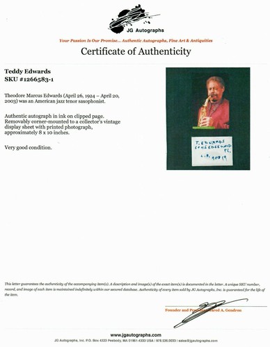 "Tenor Saxophonist" Teddy Edwards Signed 2.75X4 Page Mounted 8X10 COA - Picture 2 of 2