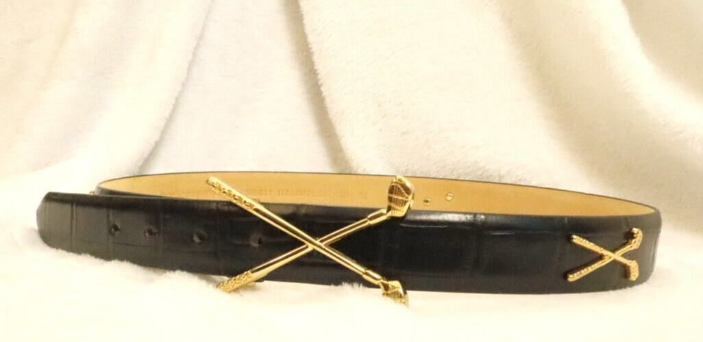 Ib Belt Company Black Italian Leather Belt | Gold Crossed Golf Clubs Buckle Sz L Amis Belt in Black Croc Embossed/Gold | L main image 2