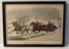 Louis Maurer Reprint of Lithograph Currier & Ives  "The Sleigh Race" 14x10 READ