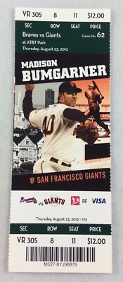 MLB 2012 08/23 Atlanta Braves at SF Giants Full Ticket-Barry Zito WP