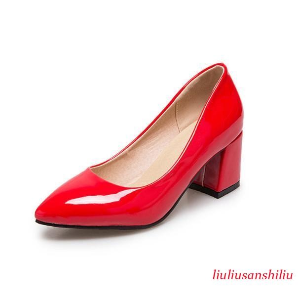 Spring Mid Heels Pointed Toe Pumps Women's Shiny Leather Shoes OL Dress Wedding