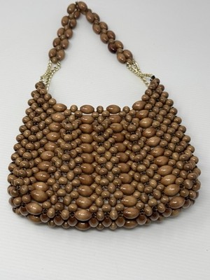 Vintage 1960s 70s Wooden Beaded Purse Shoulder Bag Made In Japan 7'' x 8''