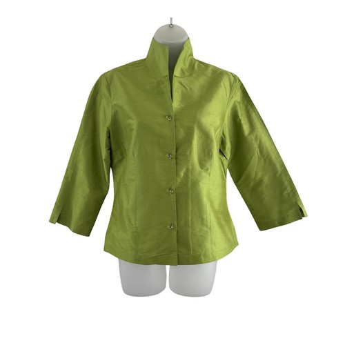 Connie Roberson Jacket Womens Small Green Silk Button Up Mandarin Collar Floral