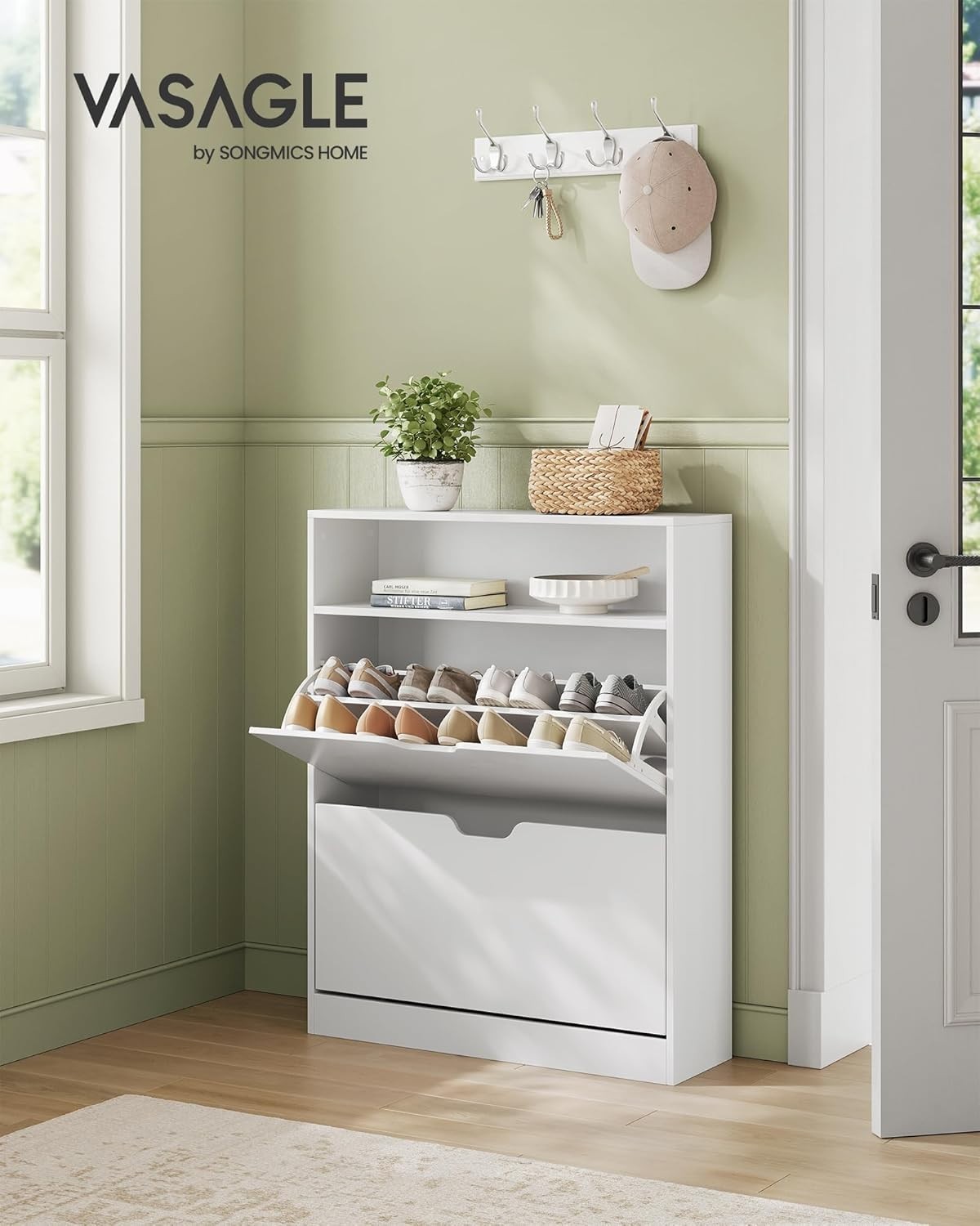 Zapatero Puerta Abatible VASAGLE Blanco Nube 3 Niveles 2 Puertas Delgado para 16 Pares