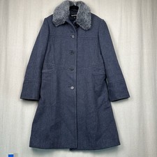 Vtg DonnyBrook Women's Wool Coat Navy Blue Size 10 M Removable Faux Fur Collar