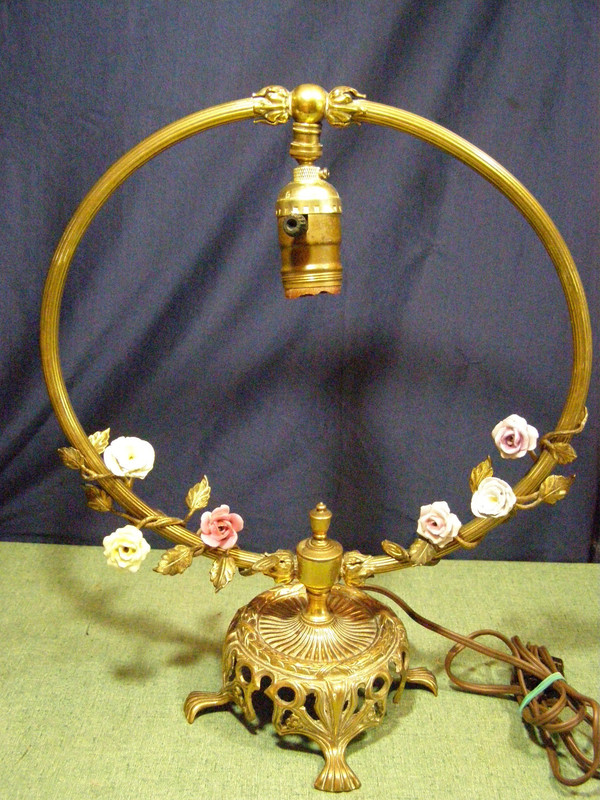Vintage French Ormolu Boudoir Gold Lamp Porcelain Roses  