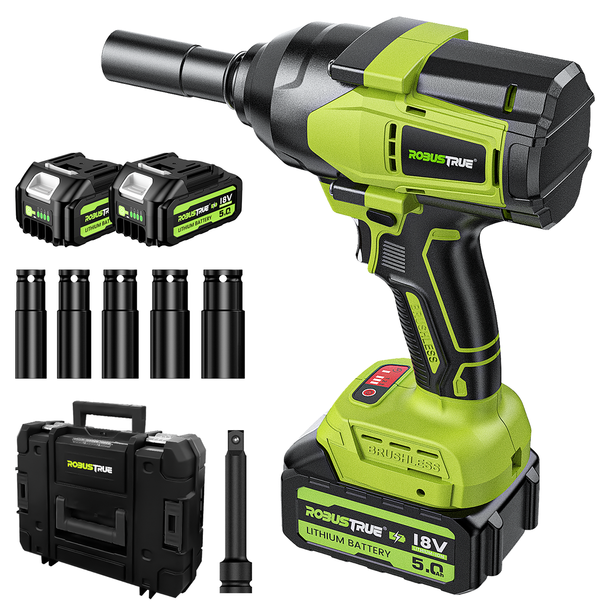 1/2in 1200N.m Torque Brushless Impact Gun 2*5.0Ah Battery Cordless Impact Wrench