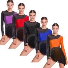 Womens Bodysuit Modern Dance Dancewear Stage Dress Irregular Hem Glittery Back