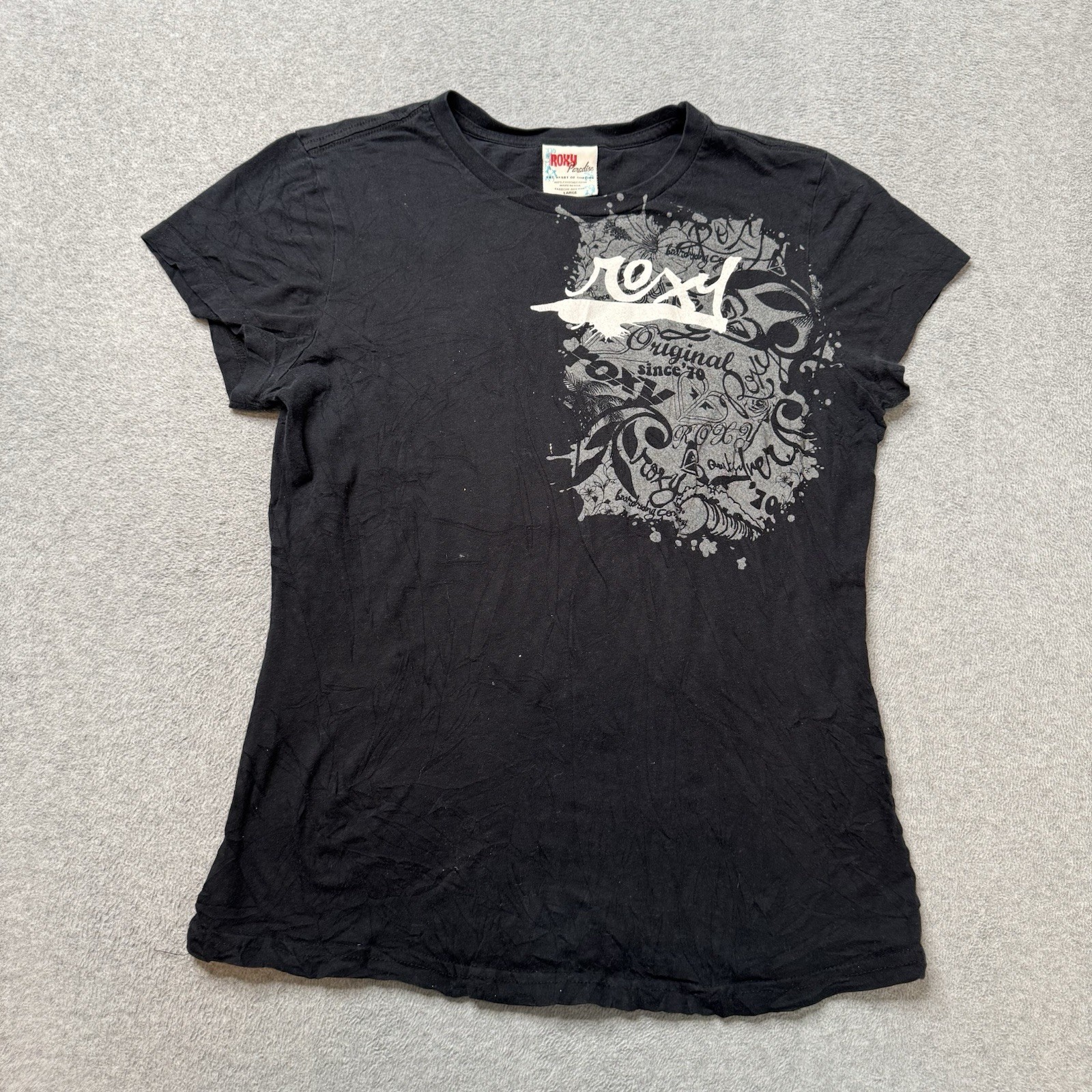 Roxy Paradise T Shirt Womens Large Black Graphic Grunge Y2K Rave Skull Splatter