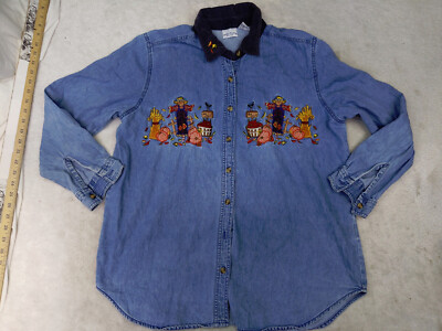 Bobbie Brooks Womens Plus 14W 16W Blue Denim Shirt Embroider Fall Harvest Leaves