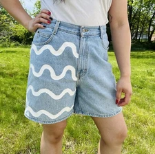 Vintage 1990s Upcycled Hand-Painted Squiggle Denim High Rise Shirts Women’s 10