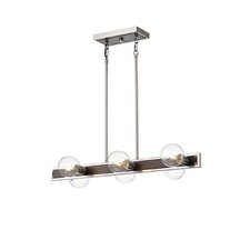6-Light Brushed Nickel and Wood Finish Island Linear Pendant Chandelier