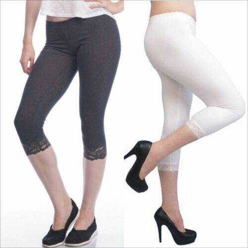 Women Cropped Lace Trim Leggings Black White S-XXL (Au Size 8-20) 3/4 Length - Picture 1 of 3