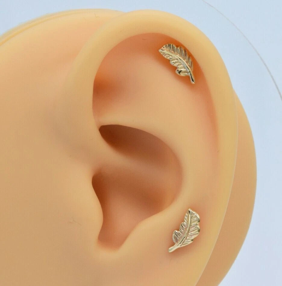 14K Solid Gold Leaf Shape Nose Piercings Barbell For Women 18 Gauge Piercings. - Image 2 of 4