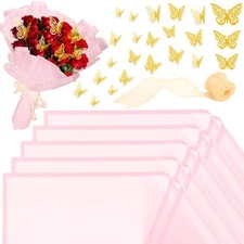 20 Sheet Pink Flower Wrapping Paper Bouquet Wrapping Paper with 12 Butterflie...